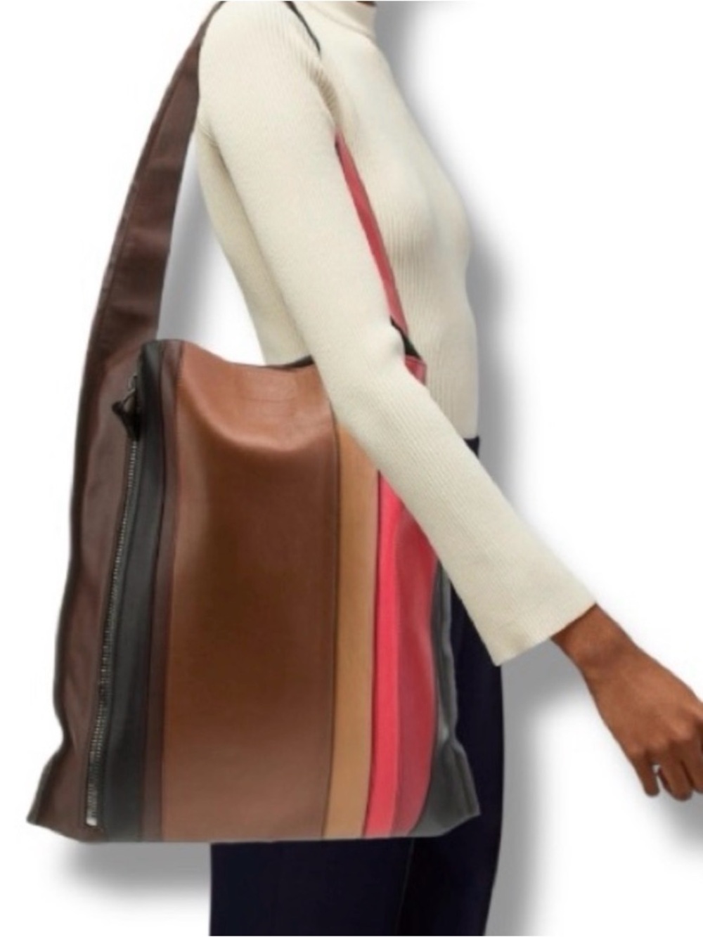 Elena Ghisellini Color Block Leather Shoulder Tote Bag